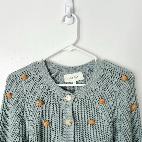 THE GREAT. The Bobble Sophomore Knit Cardigan in Dusty Blue/Honey Sz S - Picture 5 of 7